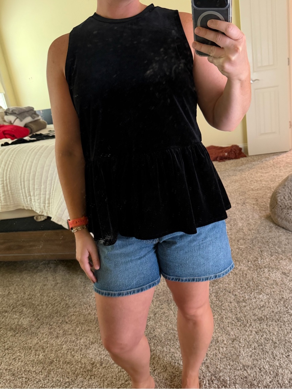 Mud Pie Faux Velvet Black Sleeveless Peplum Tank Top